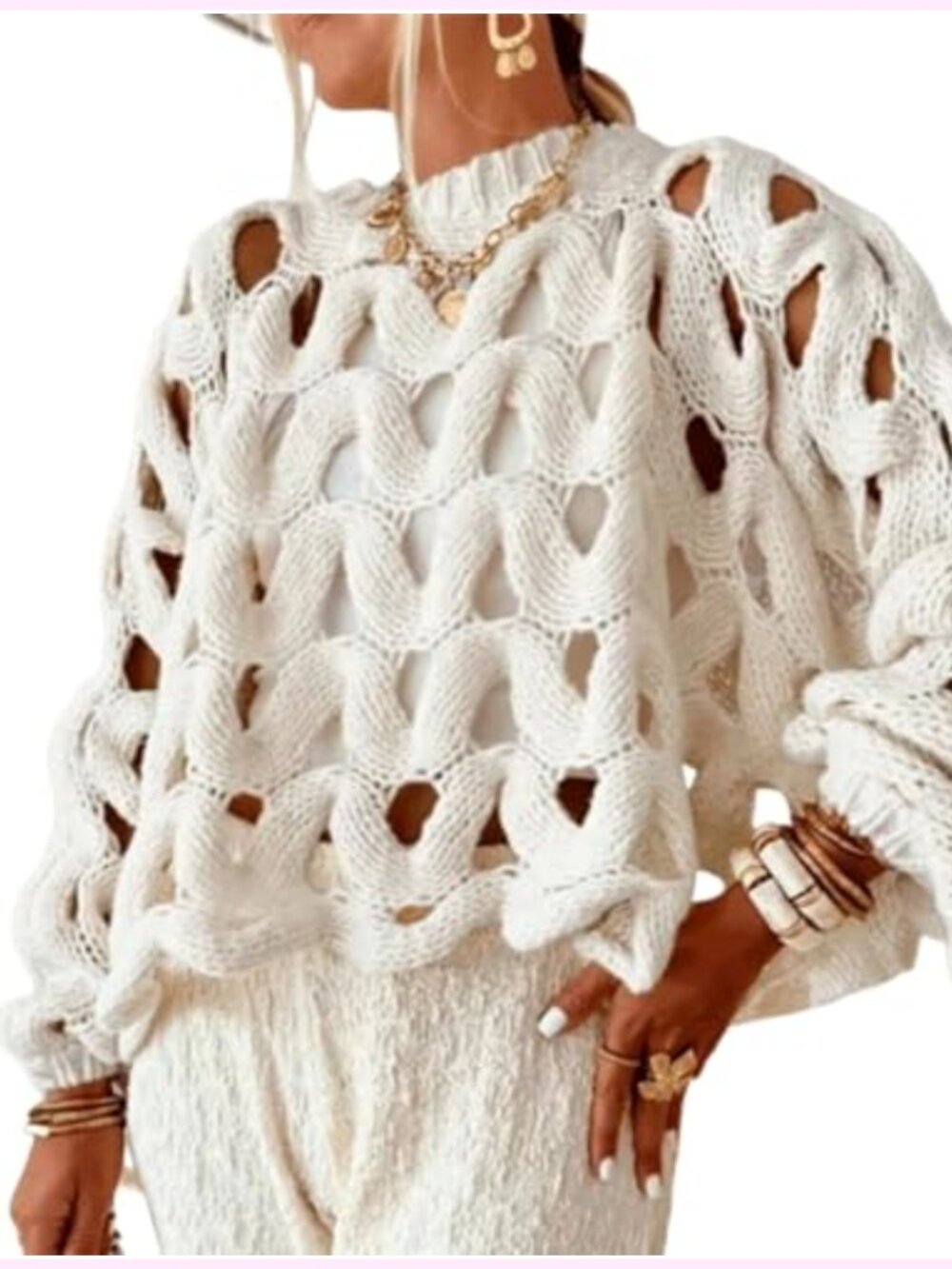Crochet Hollow Out Sweater Pullover Crew Neck Long Sleeve Oversized Crop Top